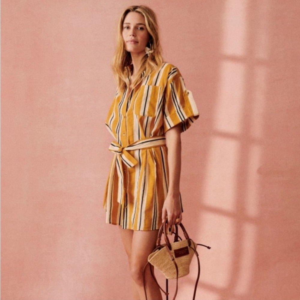 Sézane sz S Celia Striped Shirt Dress in Ochre Ecru Belted Oversized - Picture 4 of 9